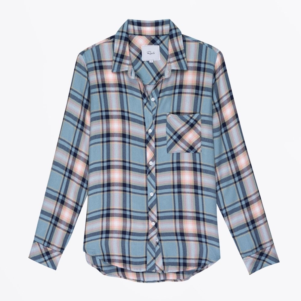 Rails Hunter Teal Peach Navy Rayon Button Up Flannel Plaid Shirt Top Small